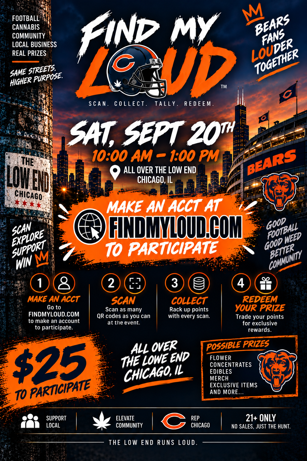Find My Loud Chicago Low End football event flyer with date, time, participation steps, and prize details