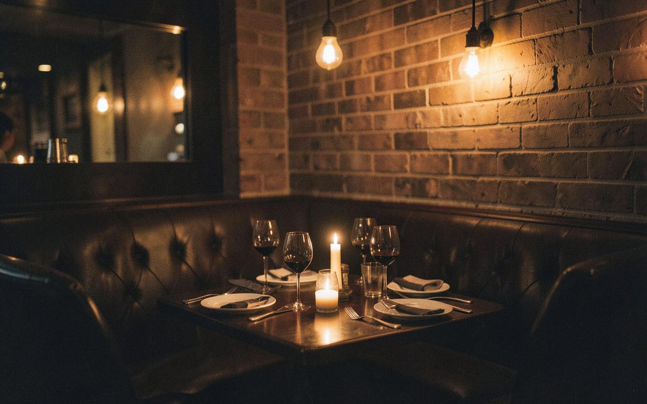Warm candlelit Chicago speakeasy dinner table with exposed brick and Edison bulbs