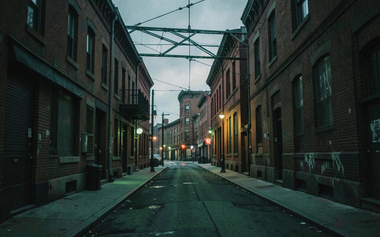 Chicago side street at dusk with el tracks overhead and a faint green pin glow